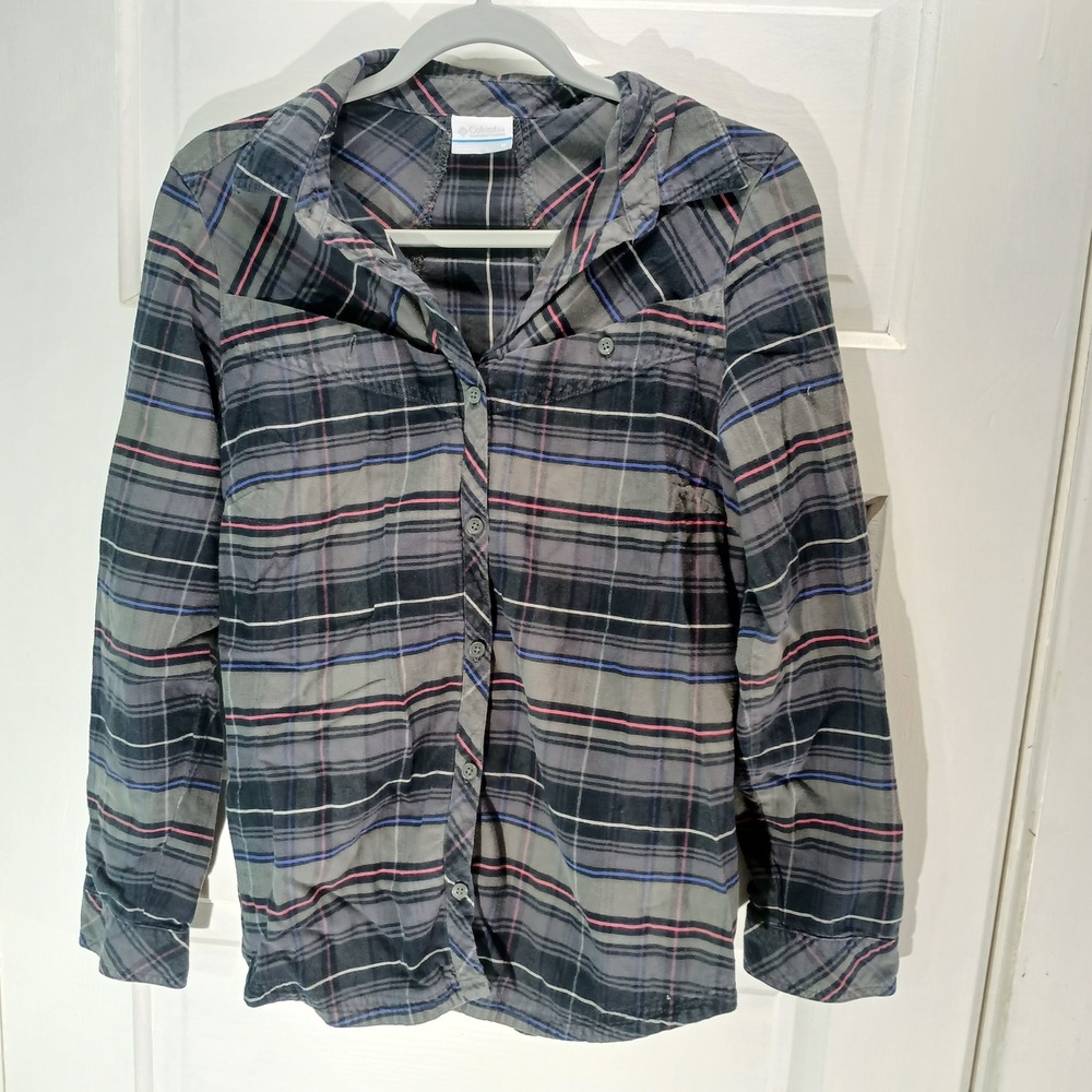 Columbia Womens Plaid Flannel‎ Shirt Button Down Long Sleeve Gray Pink Blue M